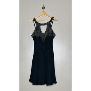 Vintage Nadine Black Beaded Fringe Chiffon Cocktail Dress Open Back Small